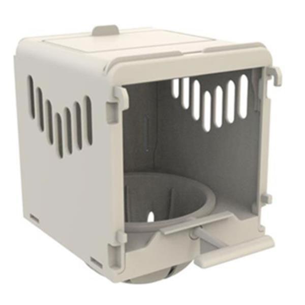A light gray plastic bird nest with an open front door and ventilation slots on the side, shown on a plain white background.