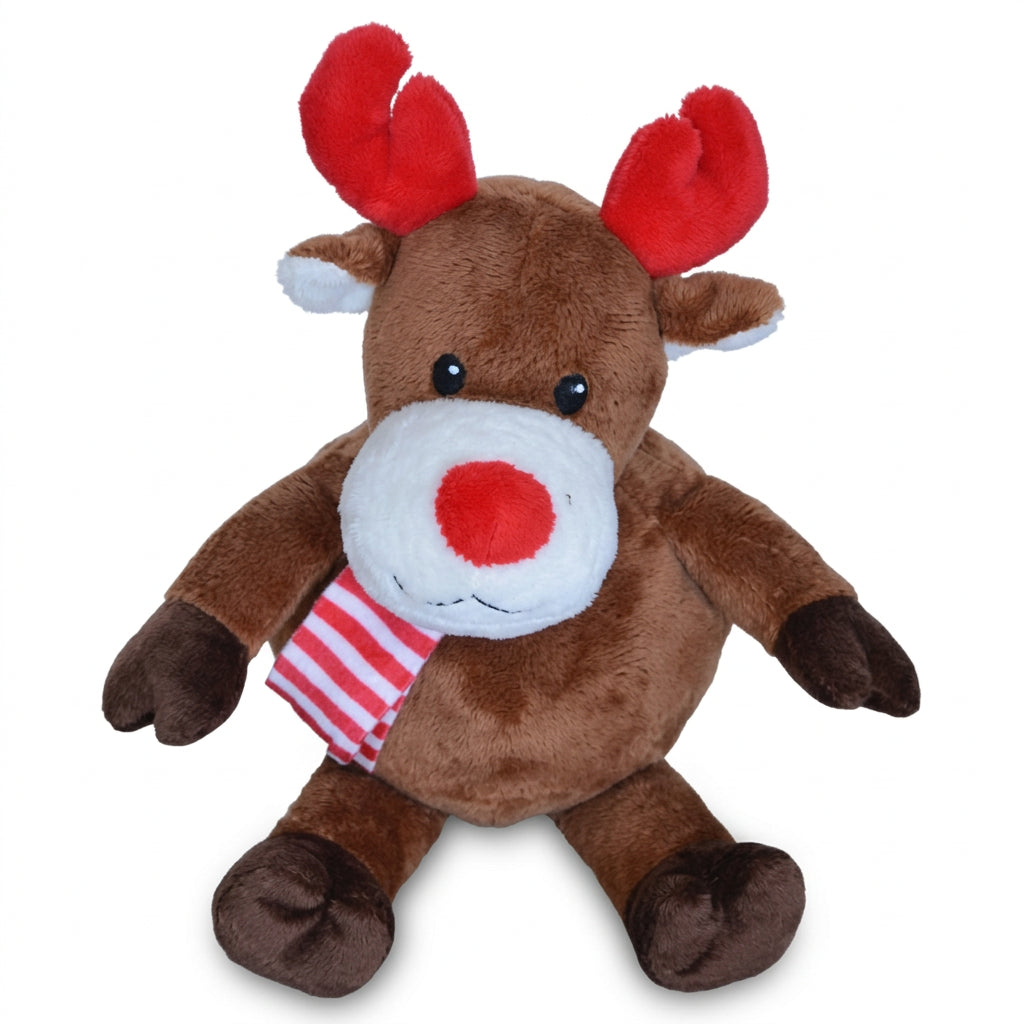 Pawise Christmas reindeer plush squeaky dog toy with red antlers hat and scarf