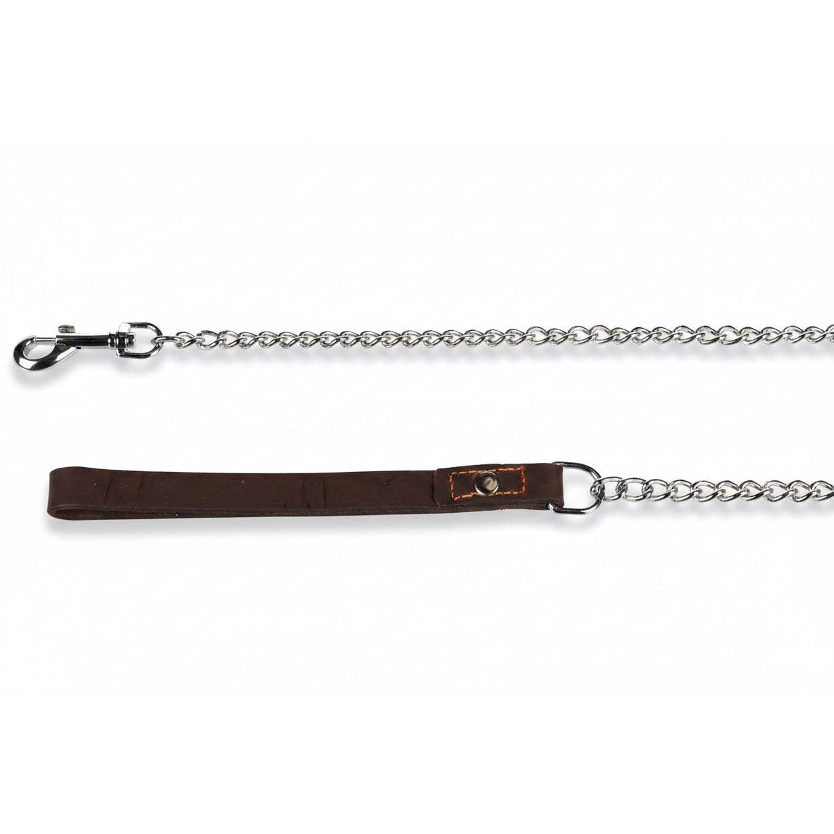 Flamingo Berno chrome chain dog leash with brown leather handle, 116 cm
