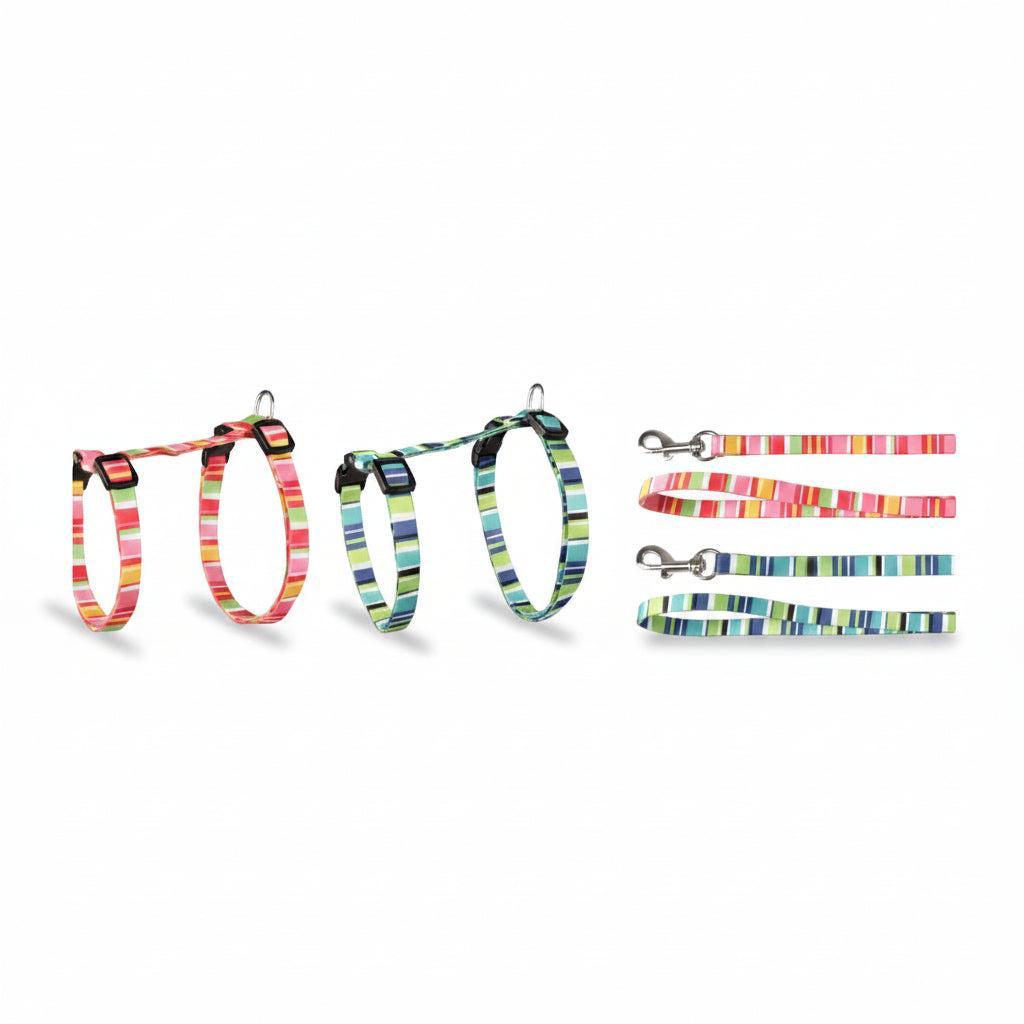 Flamingo Amira assorted striped adjustable cat harness and 100 cm leash sets