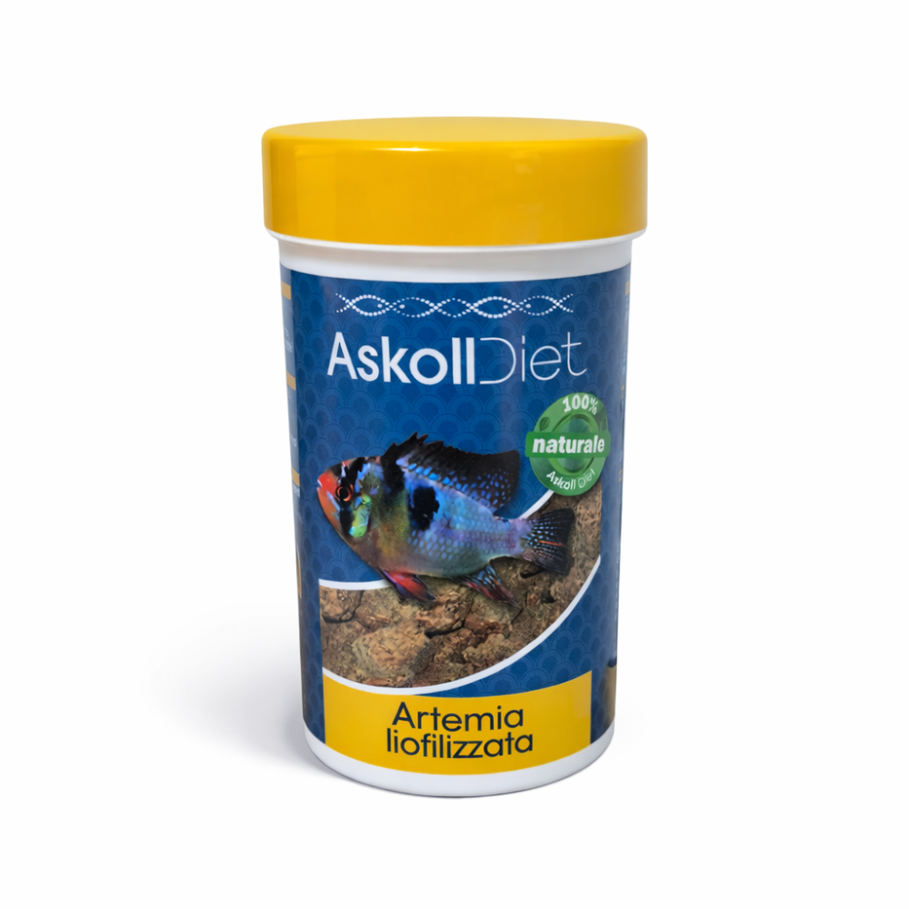 A white plastic jar of Askoll Diet Artemia liofilizzata fish food with a bright yellow lid and a blue label featuring a fish graphic.