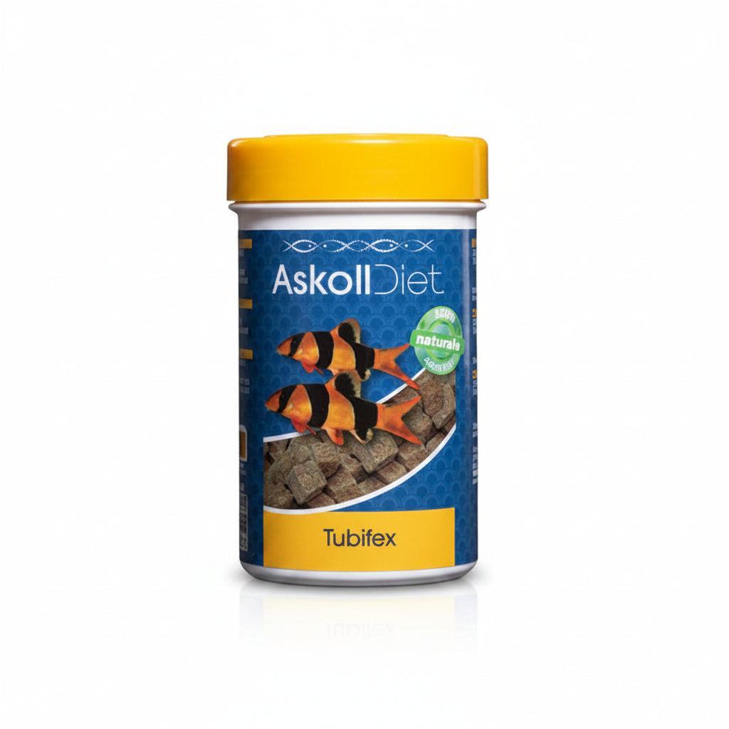 A bottle of Askoll Diet Tubifex live food for aquarium fish, featuring a blue label with an image of two orange and black striped tubifex worms, a yellow cap, and a white base, set against a plain white background.