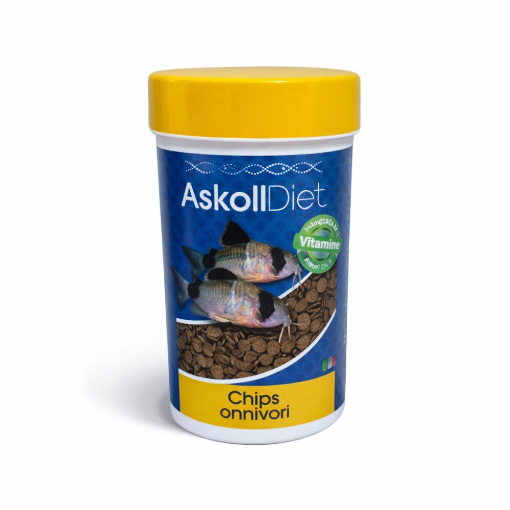 A container of AskollDiet fish food, specifically Chips omnivori, featuring a blue label with images of fish, kelp, and brown chips, topped with a bright yellow lid.