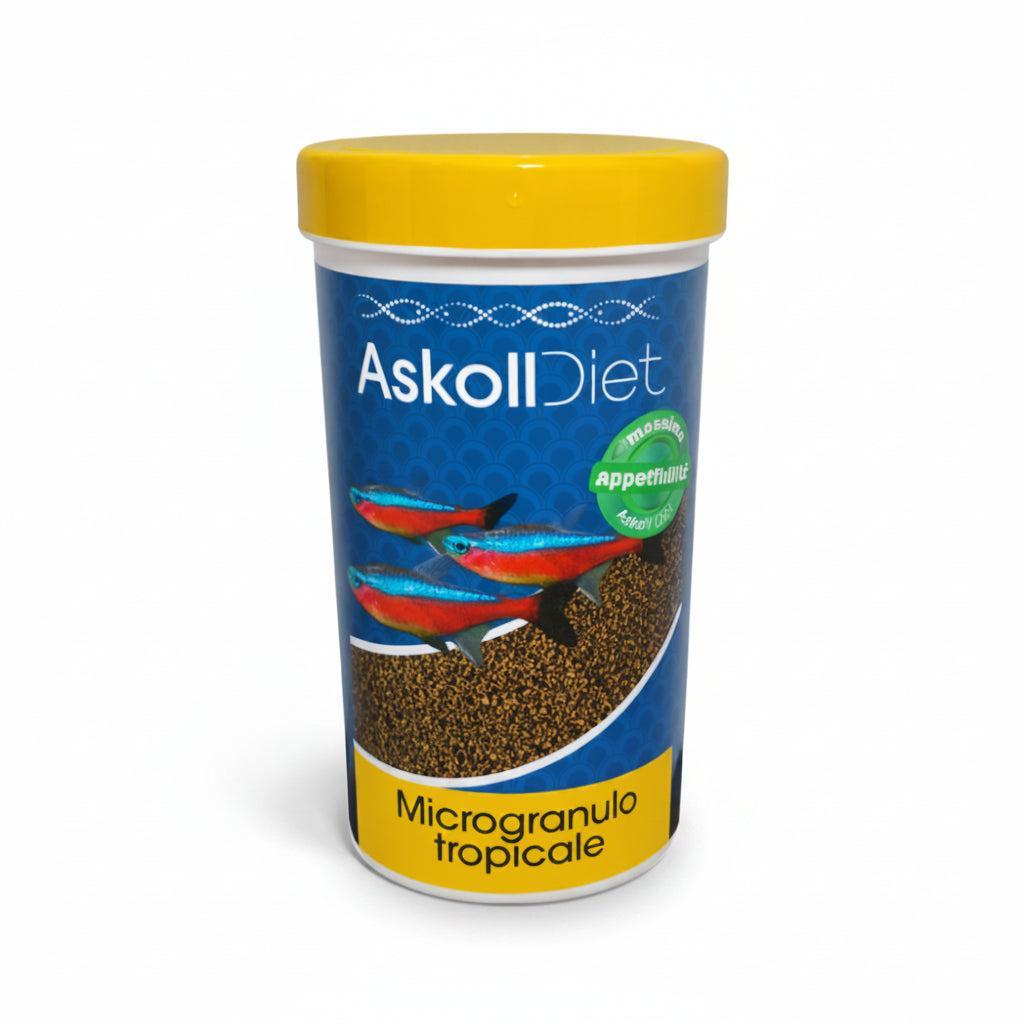 A cylindrical plastic jar of Askoll Diet tropical microgranule fish food, featuring a bright yellow lid, a blue label with tropical fish illustrations, and a yellow bottom band on a white background.