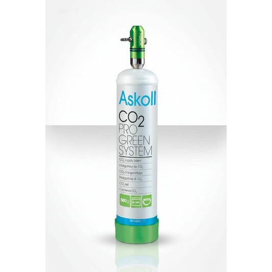 Askoll CO2 Pro Green System indoor plant grower's supply bottle with a white body, green top and base, and blue text on a light gray background.