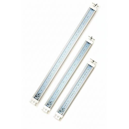 Three linear aquarium Askoll LED light bars in silver and white, arranged diagonally on a plain white background.