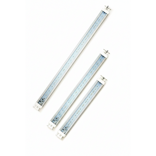 Three linear Askoll aquarium LED light bars in silver and white, arranged diagonally on a plain white background.