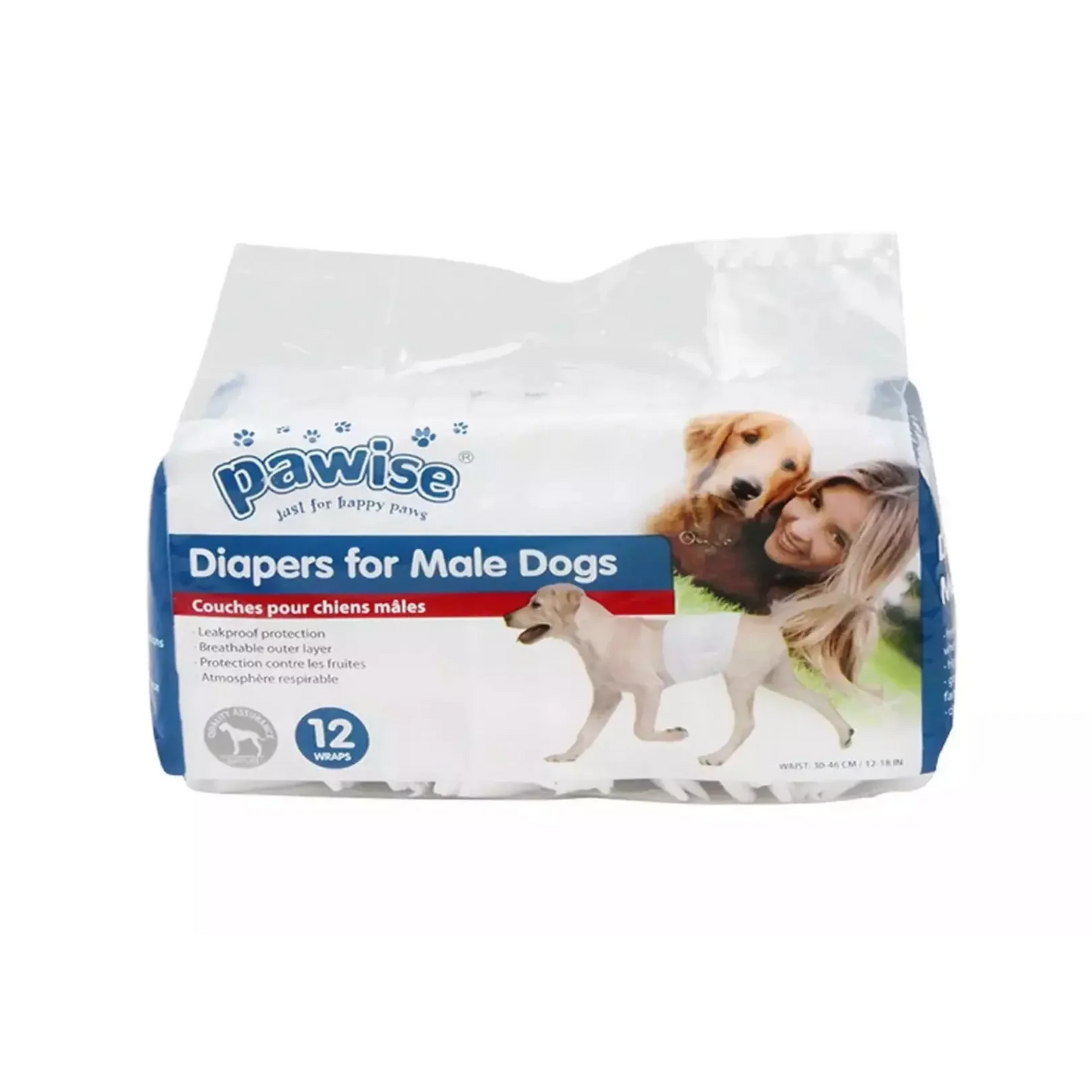 Pack of 12 Pawise disposable male dog diaper wraps in medium size with leak-proof, breathable material.