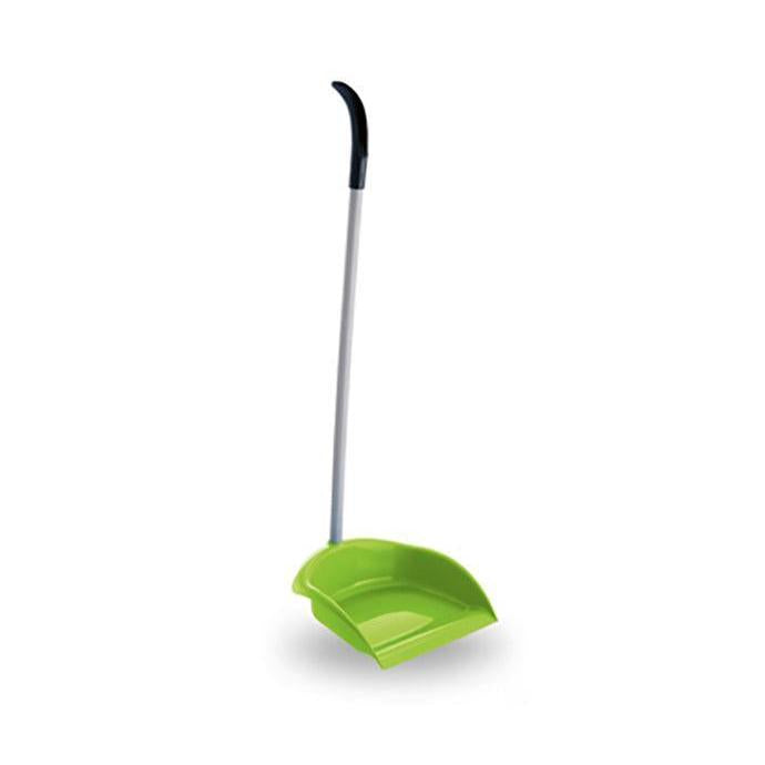 A plastic dustpan in bright lime green with a long silver metal handle and a black grip, shown on a plain white background.