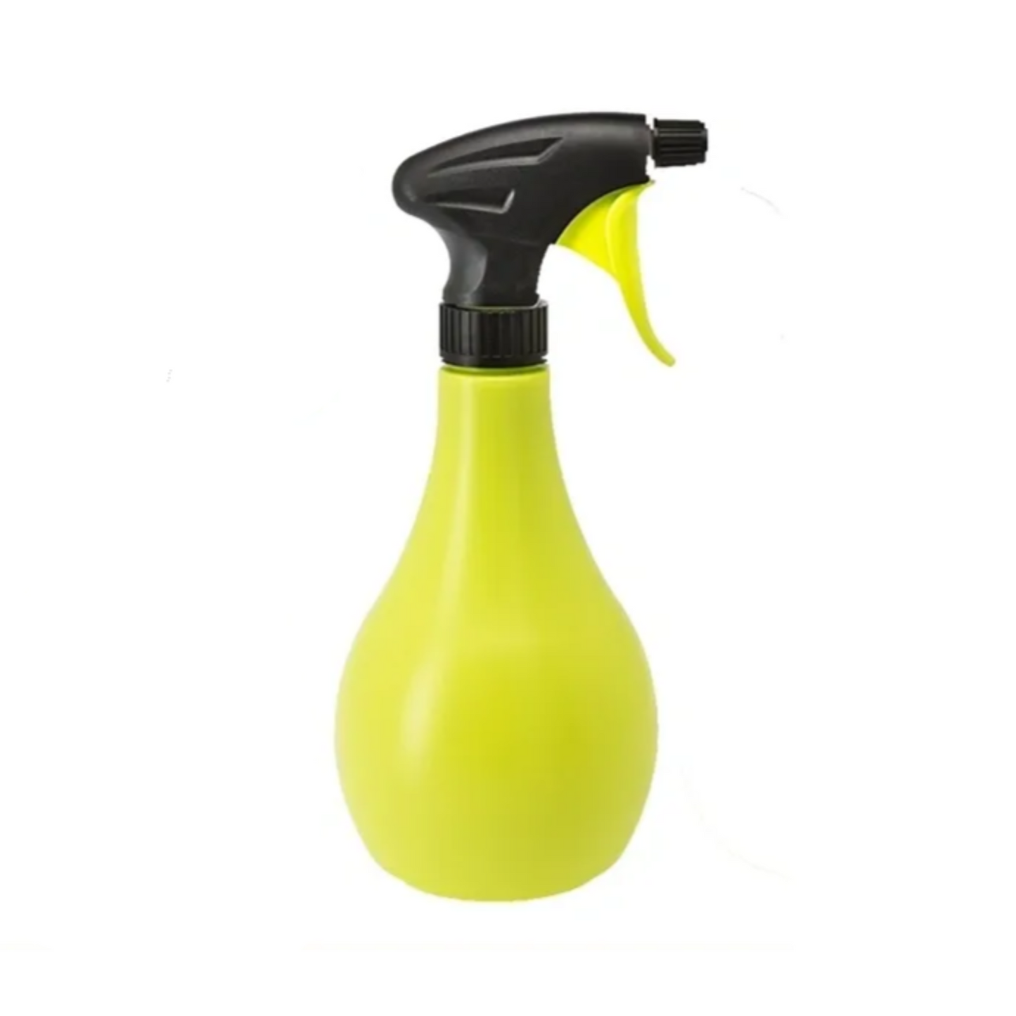 A plastic spray bottle with a bright lime green body and a black spray trigger head with a yellow accent, isolated on a white background.