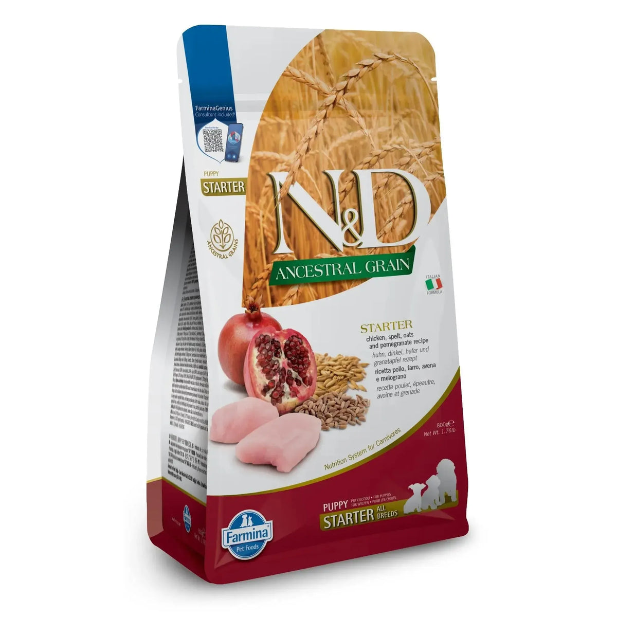 800g bag of Farmina N&D Ancestral Grain puppy starter food featuring images of chicken, pomegranate, and grains.