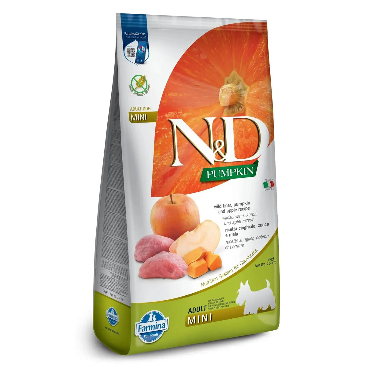 7kg bag of Farmina N&D Pumpkin grain-free adult mini dog food featuring boar and apple imagery on white packaging.