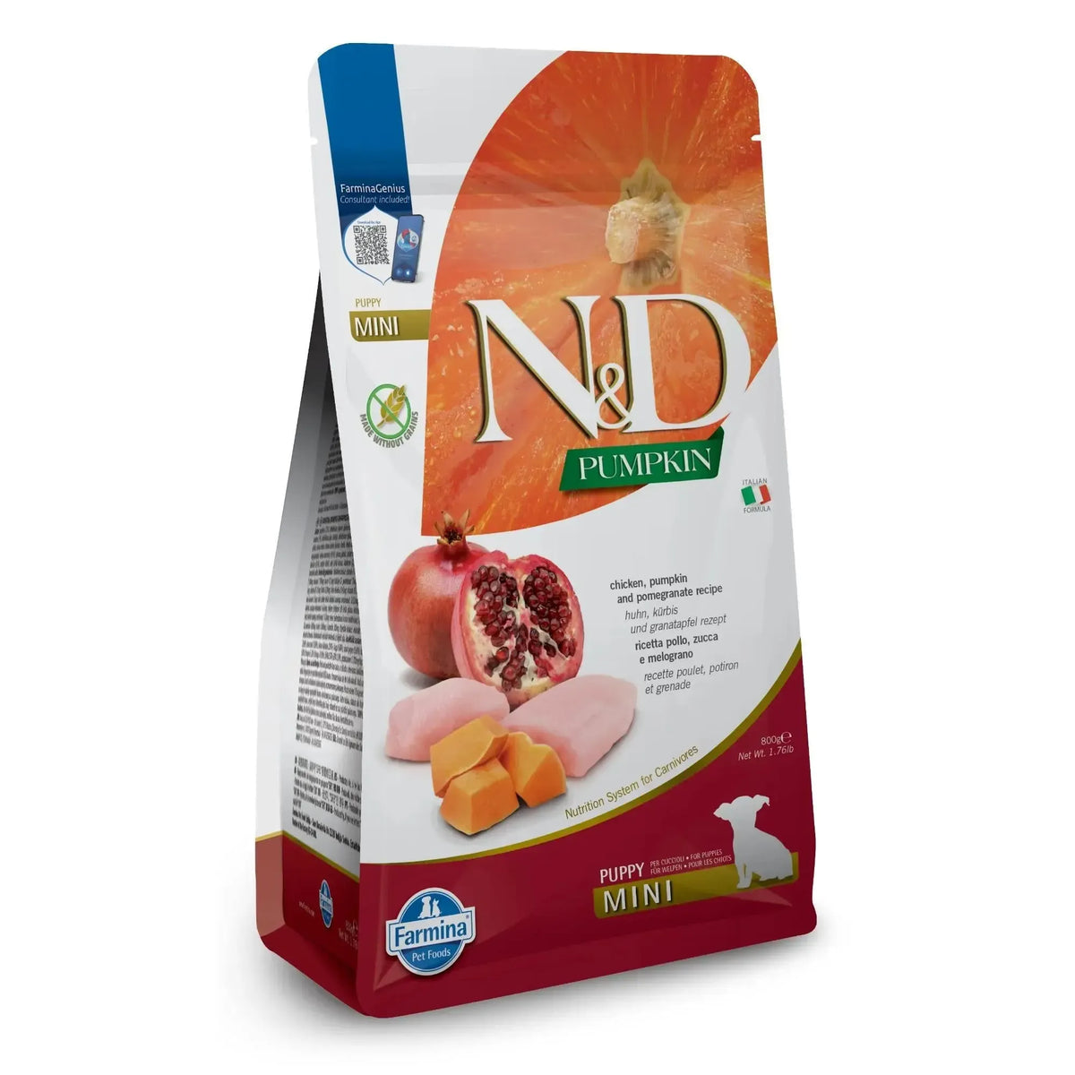 800g bag of Farmina N&D Pumpkin Puppy Mini dog food featuring chicken, pumpkin, and pomegranate imagery.
