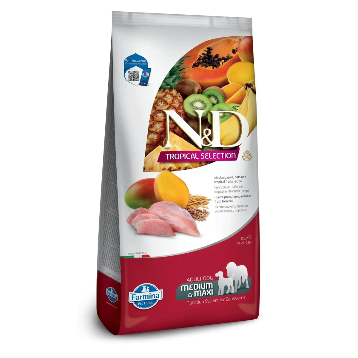 10kg bag of Farmina N&D Tropical Selection dog food featuring chicken, tropical fruits, and ancestral grains.