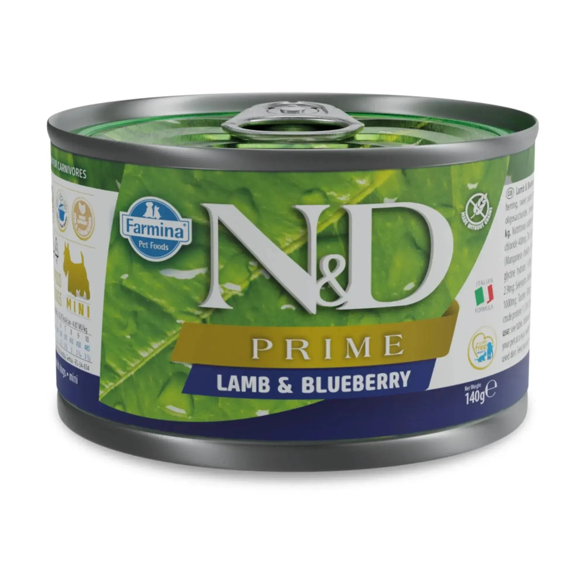 140g metal can of Farmina N&D Prime Lamb and Blueberry wet dog food with green leaf imagery and pull-tab lid.