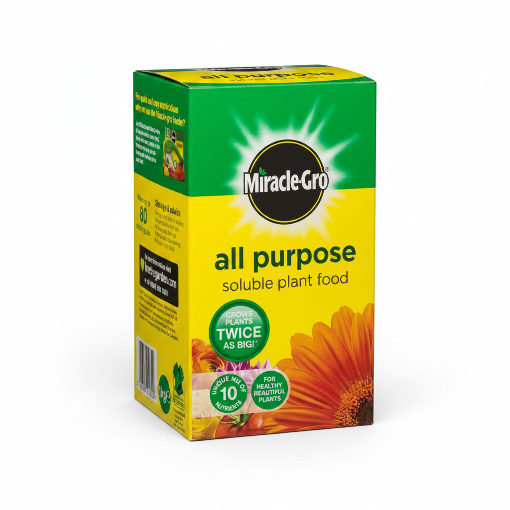 A box of Miracle-Gro All Purpose Soluble Plant Food on a plain white background. The packaging is primarily yellow and green with a black circular logo and an illustration of an orange flower.