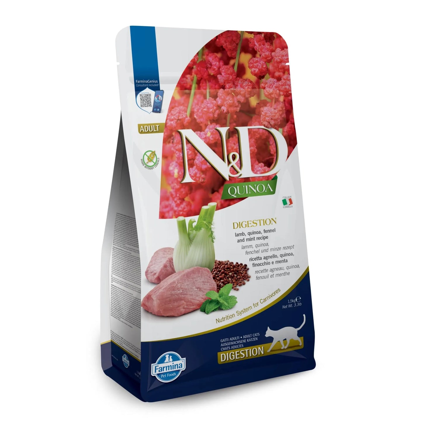 1.5kg bag of Farmina N&D Quinoa Digestion cat food featuring lamb, fennel, and mint imagery on a white and blue pouch.