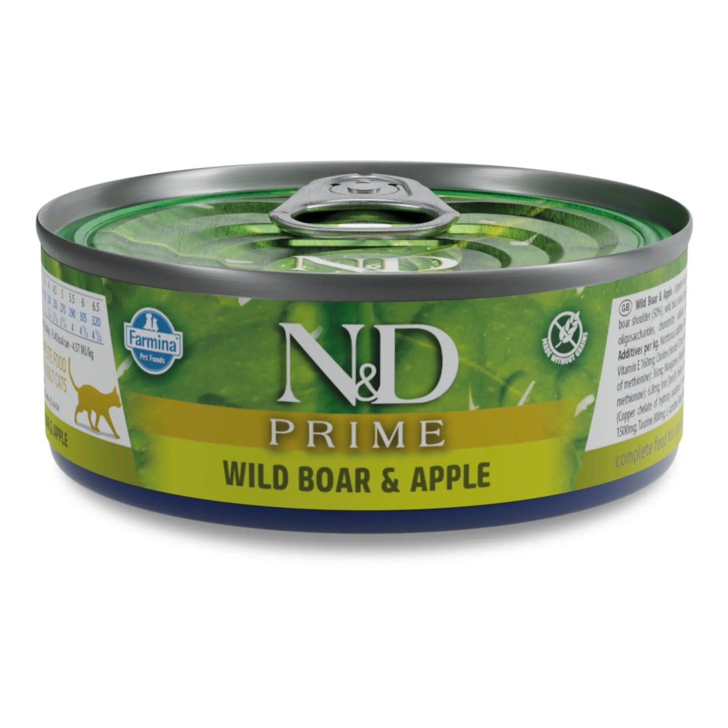 70g tin of Farmina N&D Prime wet cat food with a green label featuring wild boar and apple branding.