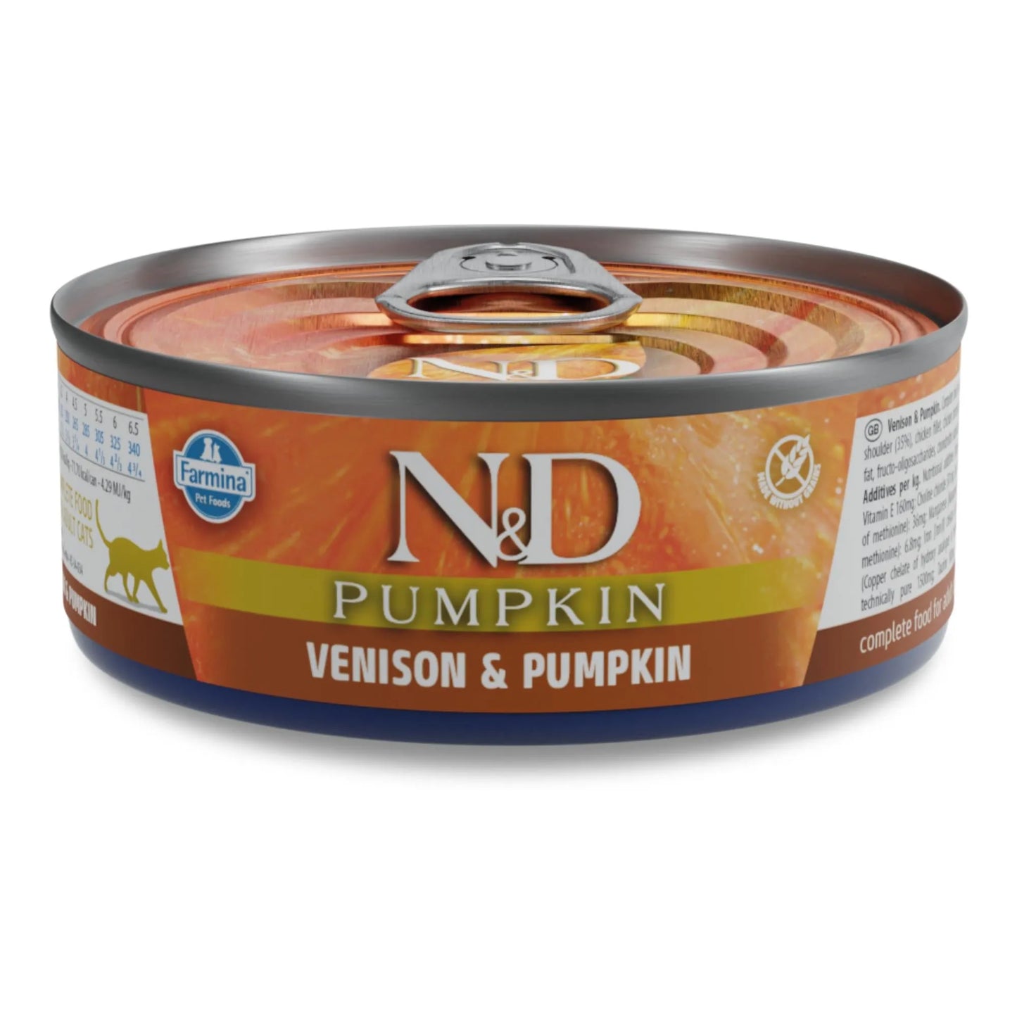70g can of Farmina N&D Pumpkin wet cat food with orange and brown label featuring venison and pumpkin imagery.