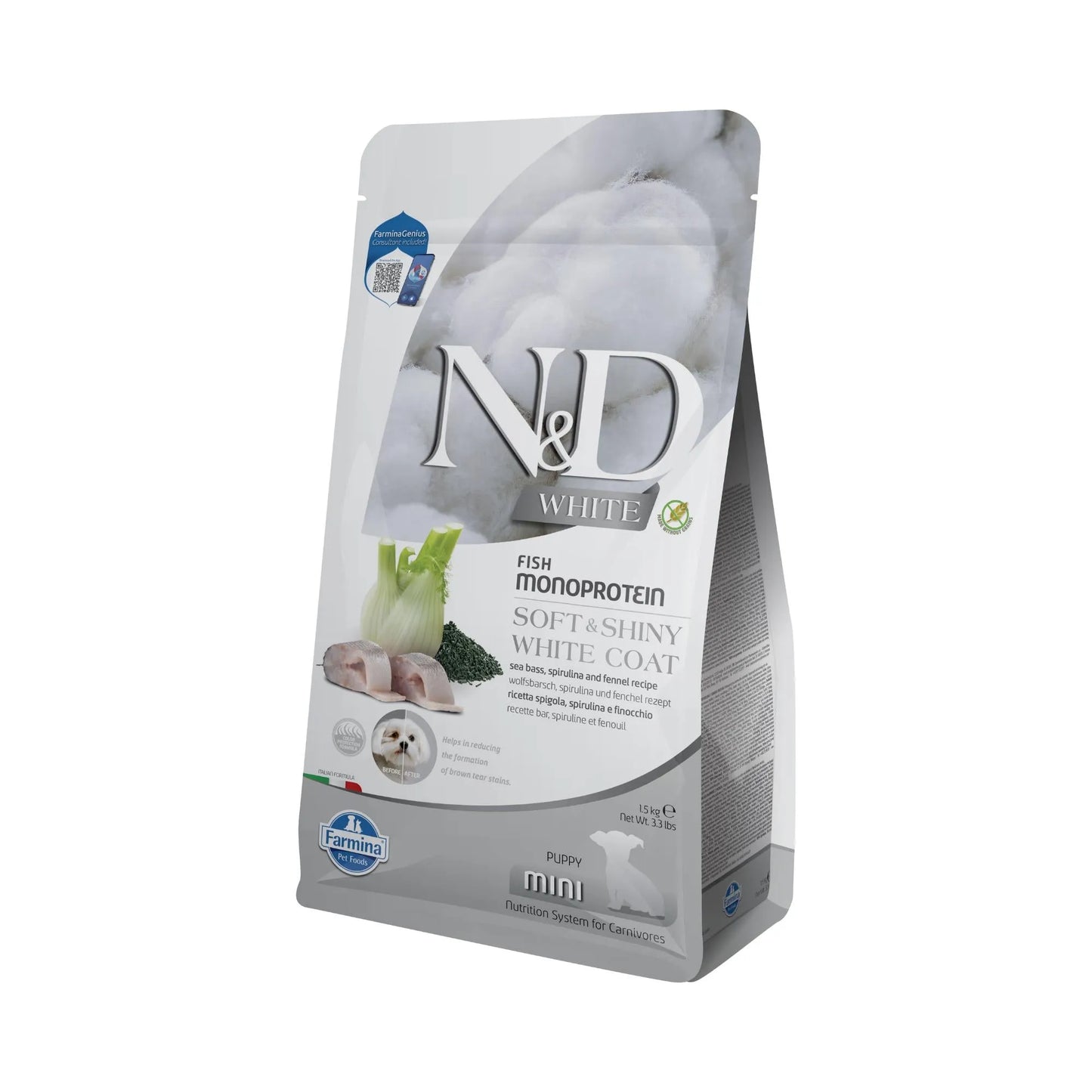 1.5kg bag of Farmina N&D White puppy food with sea bass, spirulina, and fennel for white-coated mini breed dogs.