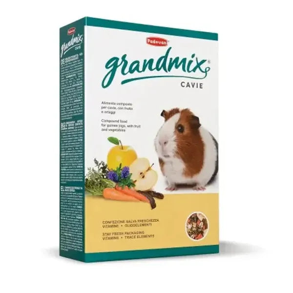 Pet food packaging for guinea pigs with a guinea pig illustration on a white background