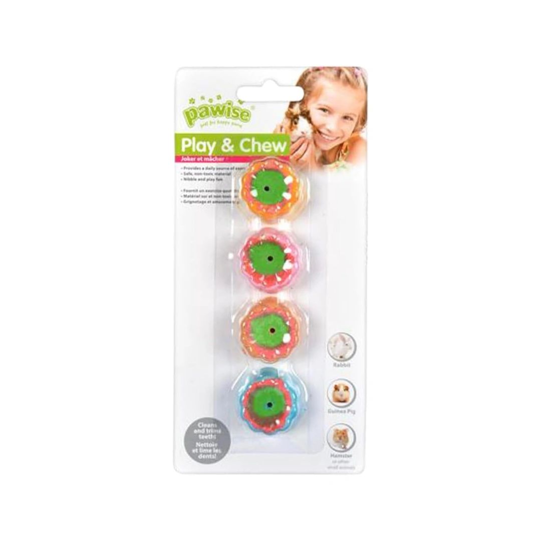 Pawise Play & Chew dog toys in a clear blister pack with a white backing card, featuring four flower-shaped toys in orange, pink, green, and blue with white centers.