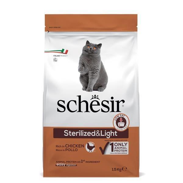 Schesir cat food package for sterilized and light cats on a white background