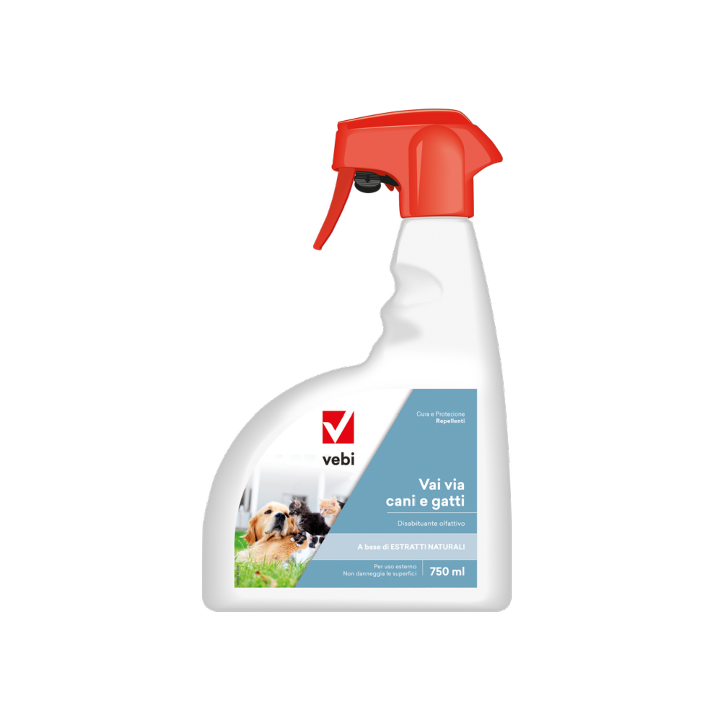 750ml Vebi Vaivia animal repellent spray bottle with a red trigger nozzle and a label featuring a dog and cat.
