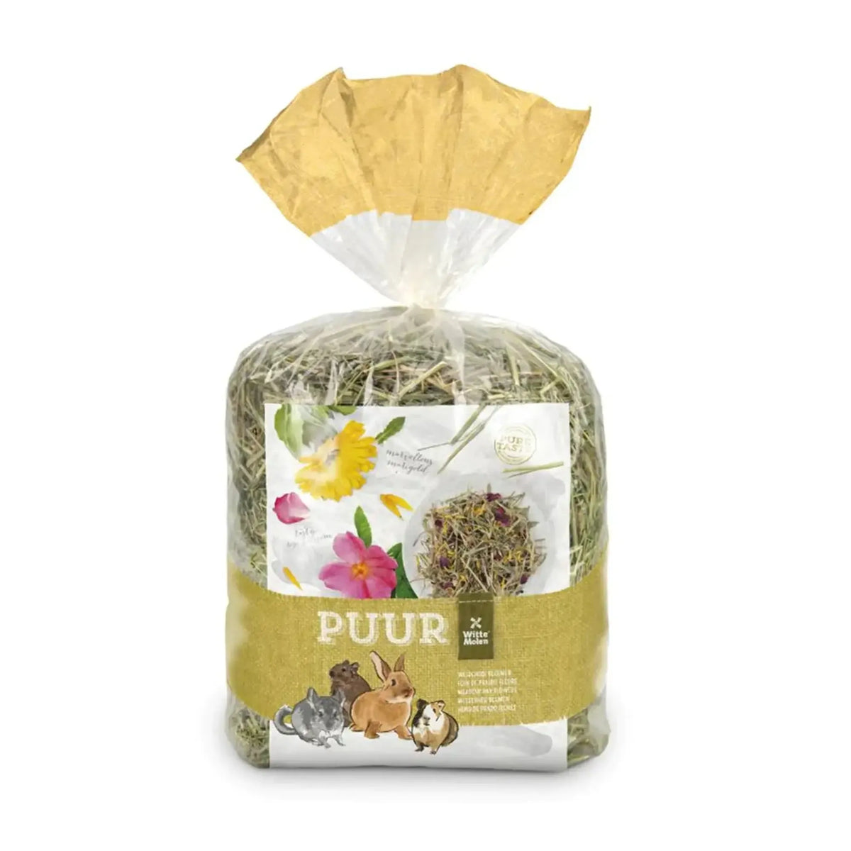 A package of small animal hay, specifically for guinea pigs and chameleons, labeled 'PUUR'. The hay is visible through a clear plastic bag with a gold-colored paper wrapper tied at the top, and a decorative label featuring rabbits and flowers.
