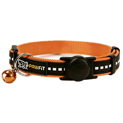 An orange and black dog collar with reflective white stripes, a black snap-button closure, and a small metallic copper bell on the side. The brand name 'PAWFIT' is clearly visible on a black label on the collar.