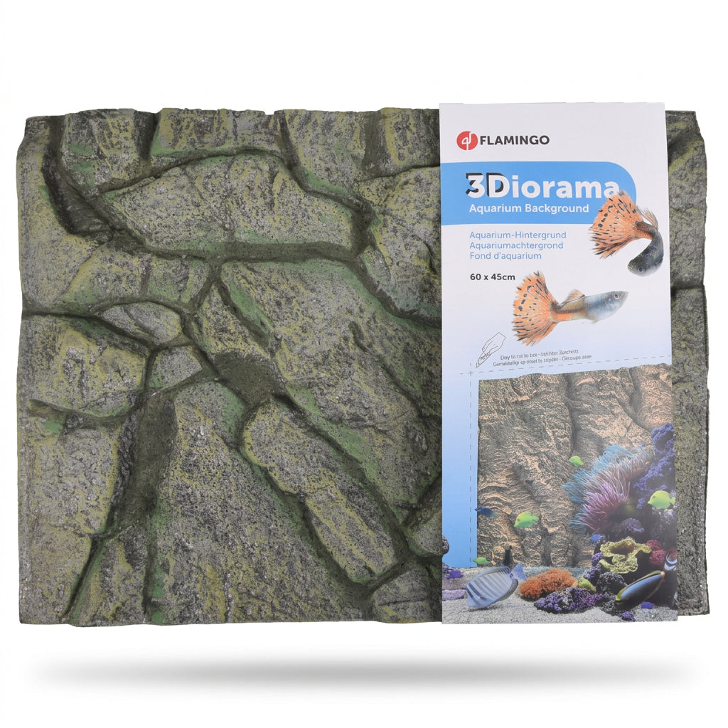 3D polystyrene stone wall aquarium background measuring 60 by 45 centimetres