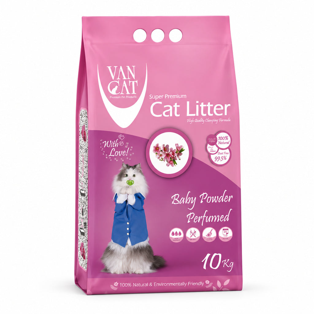 Baby powder scented fine-grain clumping bentonite cat litter 10kg bag