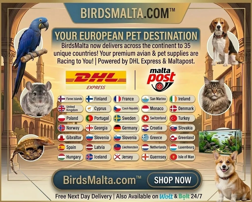 BirdsMalta.com™ premium online pet shop now shipping pet supplies to 35 European countries via MaltaPost & DHL Express