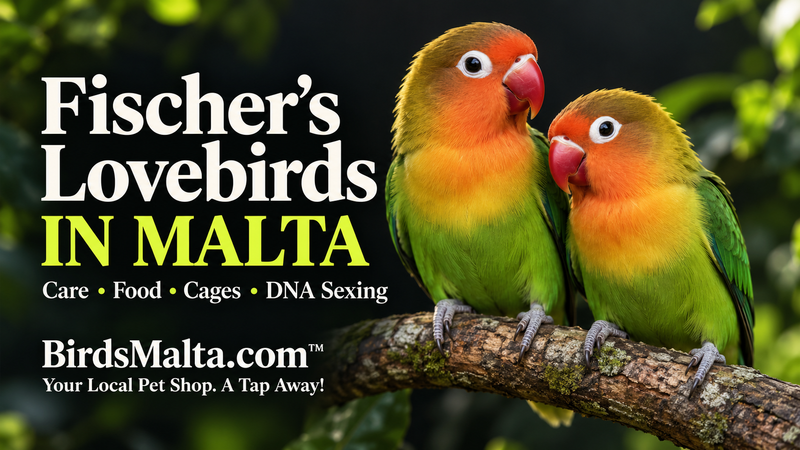 A colourful Fischer's lovebird perched inside a spacious cage, representing healthy pet birds available for local delivery in Malta.