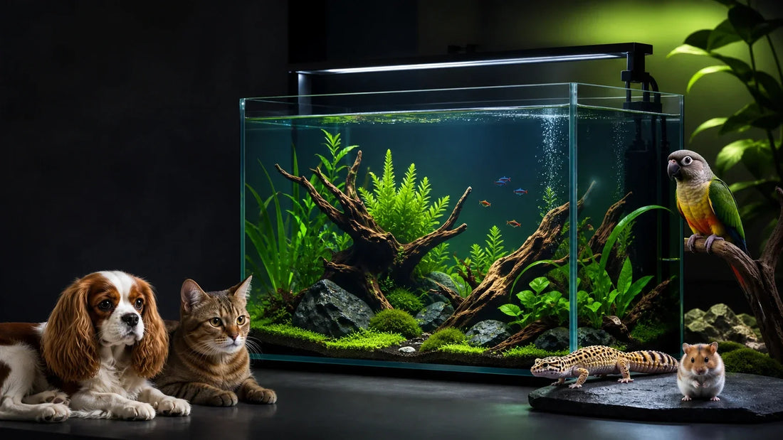 Pets beside a modern planted aquarium for the BirdsMalta.com update and upcoming Askoll aquarium products in Malta.