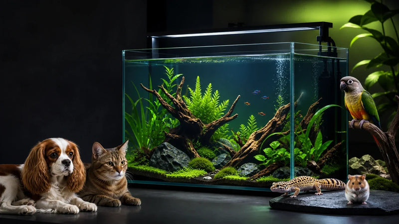 Pets beside a modern planted aquarium for the BirdsMalta.com update and upcoming Askoll aquarium products in Malta.