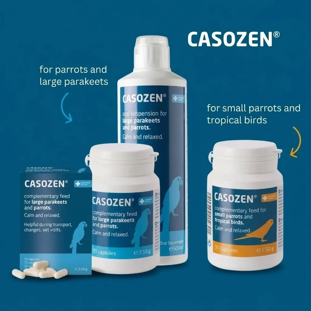 Casozen natural avian stress and feather plucking supplement distributed by BirdsMalta.com™