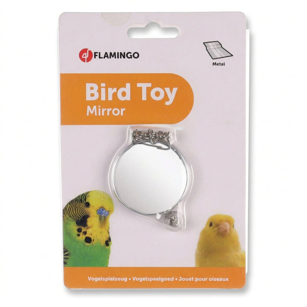 Flamingo round metal bird cage mirror with bell in retail packaging