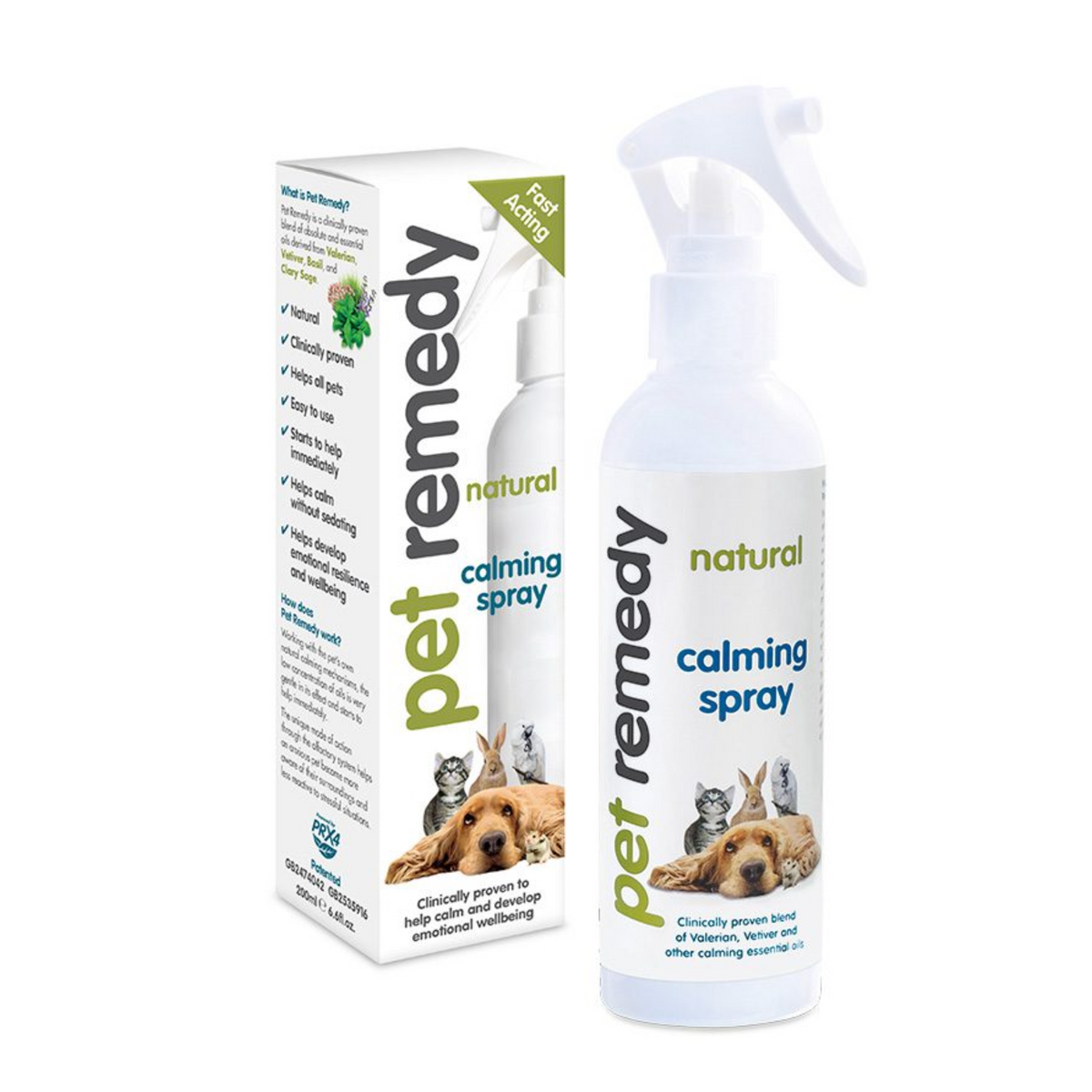 A bottle and box of pet calming spray on a plain white background. The product is labeled 'pet remedy natural calming spray' with images of a dog, cat, and puppy on the packaging.