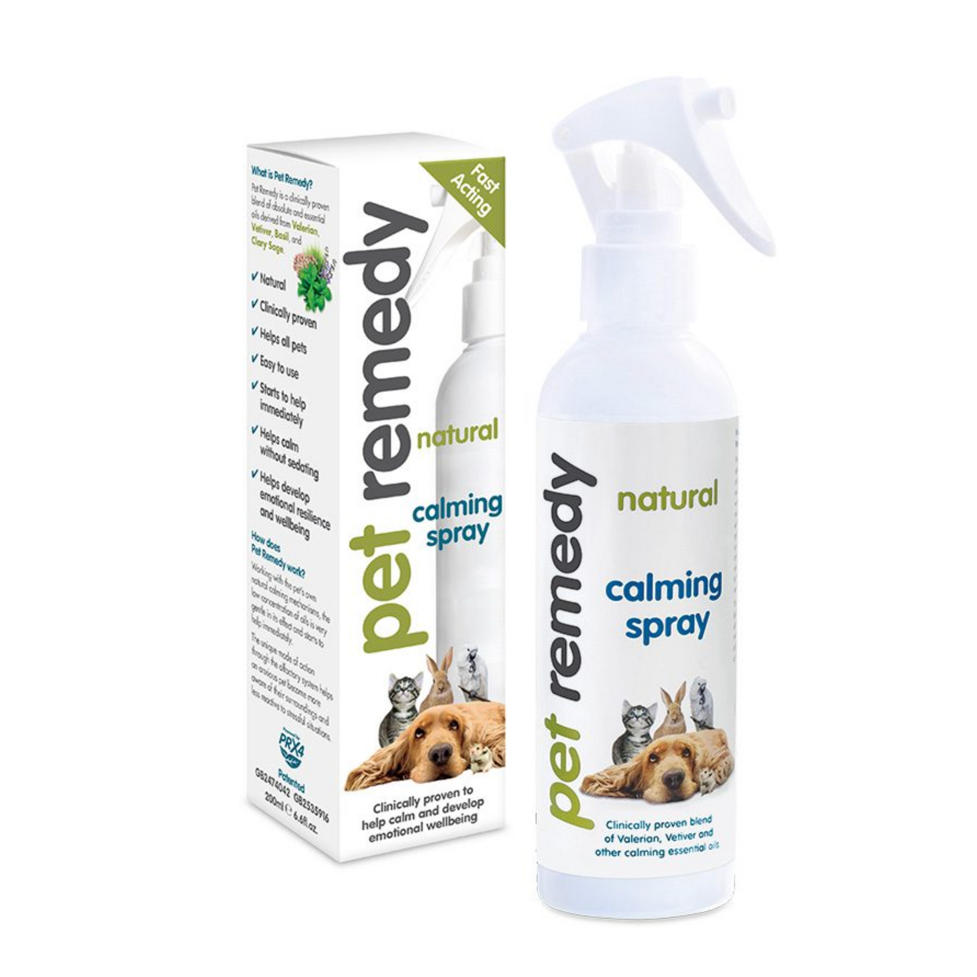 A bottle and box of pet calming spray on a plain white background. The product is labeled 'pet remedy natural calming spray' with images of a dog, cat, and puppy on the packaging.