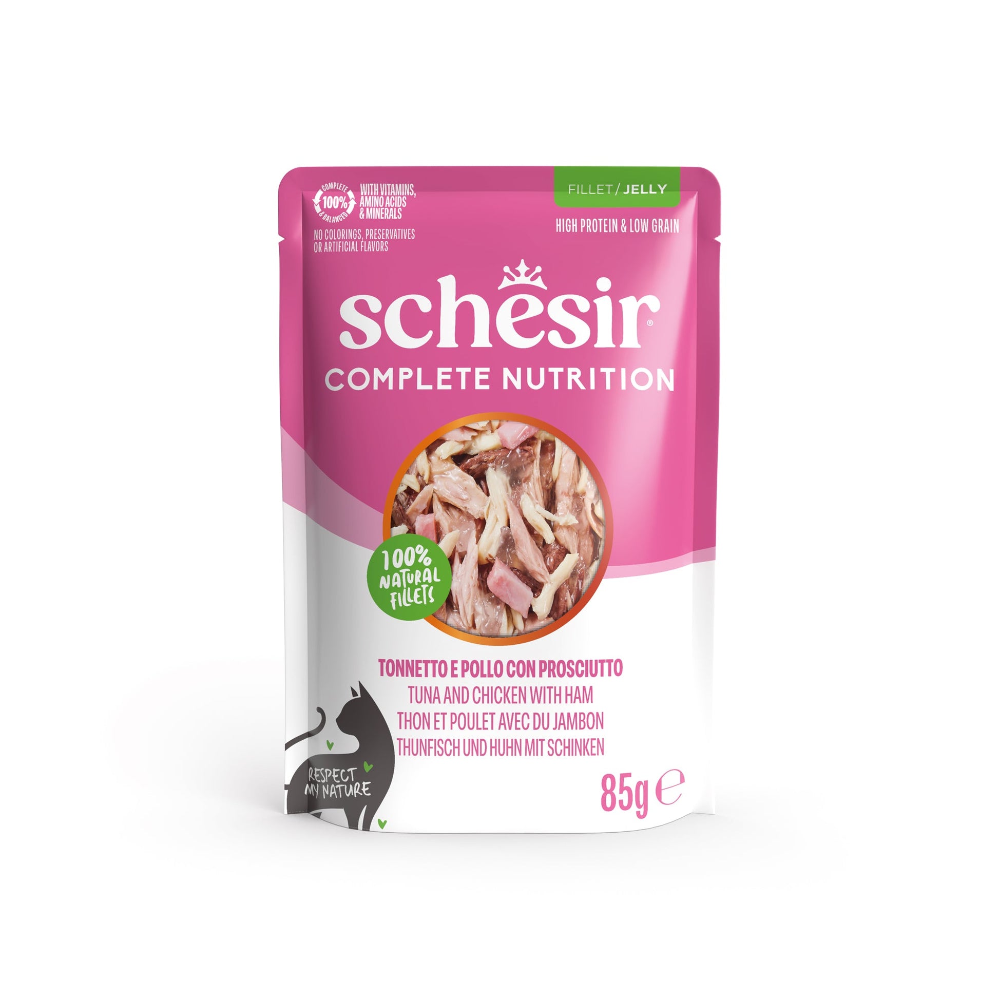 Schesir Complete Nutrition tuna chicken and ham in jelly wet cat food 85 g pouch