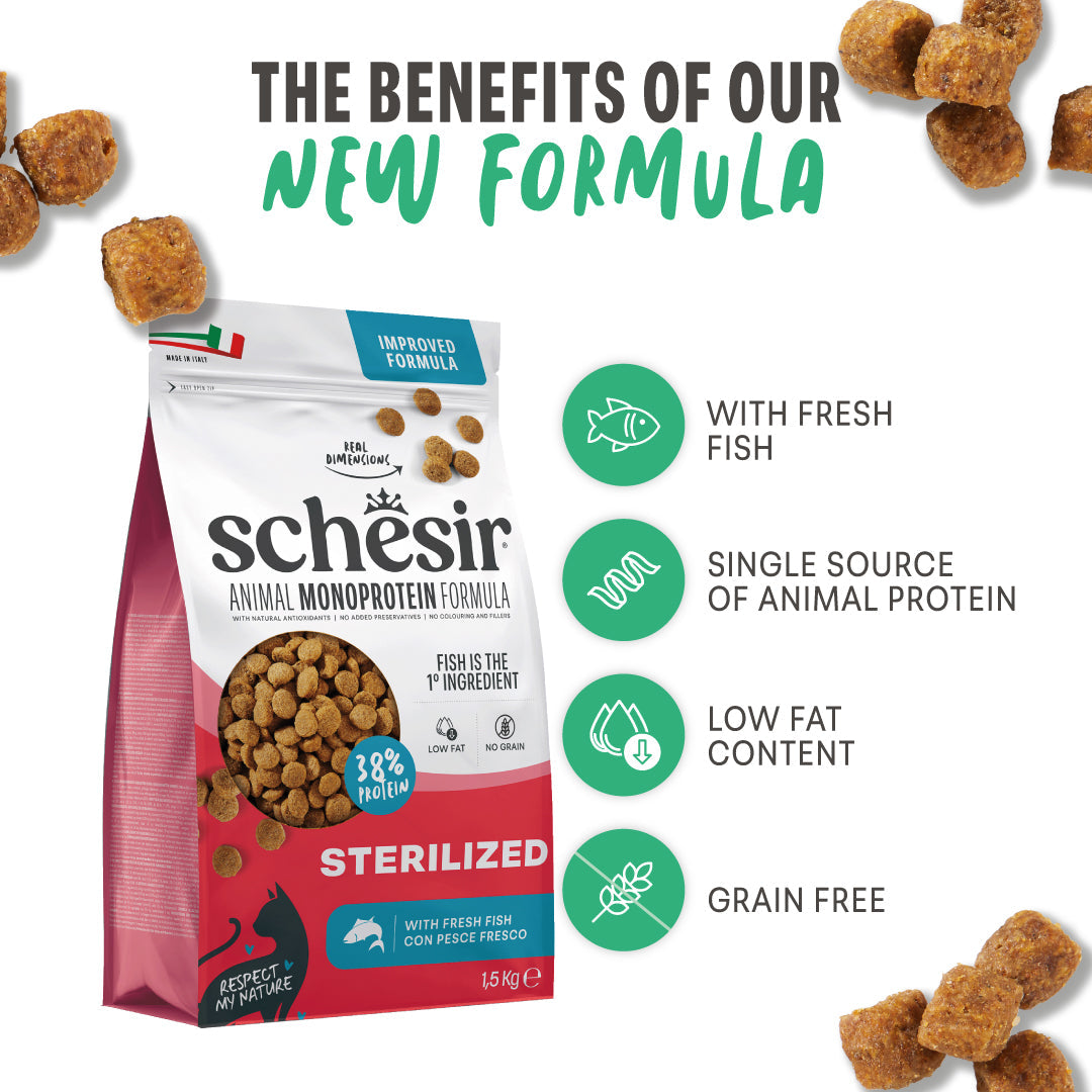 Schesir Sterilised Fish monoprotein dry cat food 1.5kg official product image 3