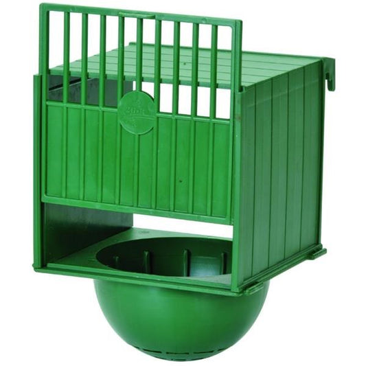 Green plastic bird nest with a slatted top gate and a round bowl mounted underneath, shown on a plain white background.