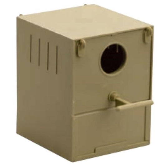 A small beige plastic birdhouse or nesting box with a circular entrance hole, a front perch, and a hinged lower drawer, shown on a plain white background.