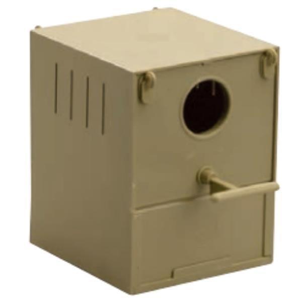 A small beige plastic birdhouse or nesting box with a circular entrance hole, a front perch, and a hinged lower drawer, shown on a plain white background.