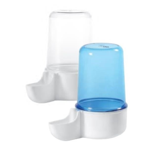 Two bird drinkers shown on a plain white background, one with a clear blue water reservoir and one with a transparent reservoir.