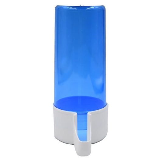 A blue translucent cylindrical container with a white base and a small front spout, shown on a plain white background.