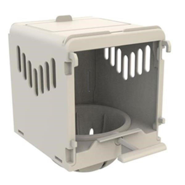 A light gray plastic bird nest with an open front door and ventilation slots on the side, shown on a plain white background.