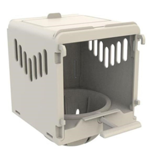 A light gray plastic bird nest with an open front door and ventilation slots on the side, shown on a plain white background.