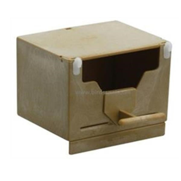 A small wooden birdhouse with a slanted front opening and a small wooden perch, shown on a plain white background.